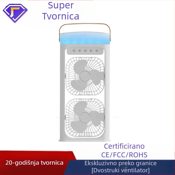 Kućni dvostruki sprej ventilator s ugrađenim ovlaživačem za kućnu upotrebu, punjiv, baterija 2000–4000 mAh, 5V 12W, 3 brzine, tiši rad do 36 dB