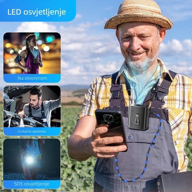 Ventilator za pojas USB prijenosni vanjski, 5 brzina, digitalni zaslon, ugrađena 6000 mAh baterija, USB napajanje