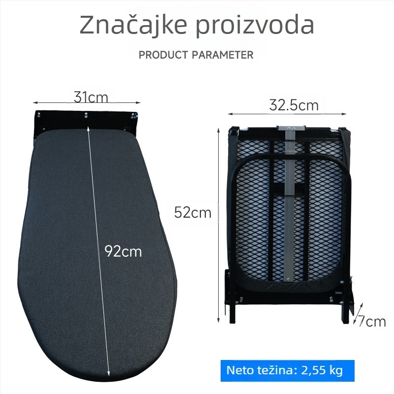 Zidna sklopiva daska za glačanje s nosačem za peglu i vješalicom – navlaka od pamuka, perna od pamuka, okvir od čelika, plastične nogice; 4 komada u kutiji