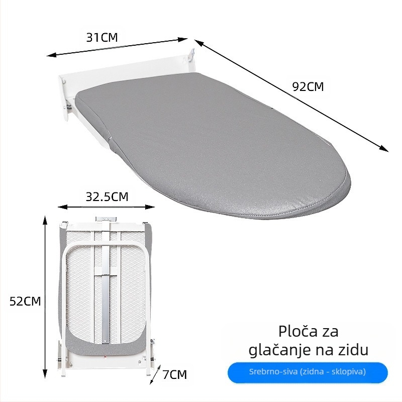 Zidna sklopiva daska za glačanje s nosačem za peglu i vješalicom – navlaka od pamuka, perna od pamuka, okvir od čelika, plastične nogice; 4 komada u kutiji