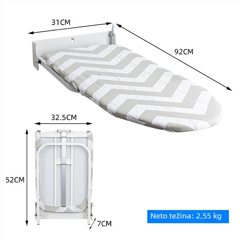 Zidna sklopiva daska za glačanje s nosačem za peglu i vješalicom – navlaka od pamuka, perna od pamuka, okvir od čelika, plastične nogice; 4 komada u kutiji