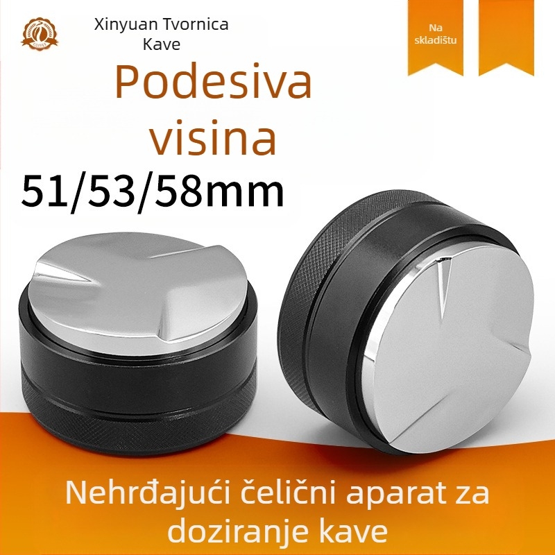 Doser za prah kave od nehrđajućeg čelika, podesiva visina, protuklizna baza, ravno dno, laserski gravirano logo (težina: 182 g / 195 g / 218 g)