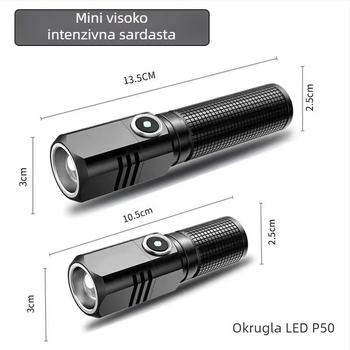 P100 prijenosna mini punjiva LED vanjska svjetiljka s Type-C punjenjem, 15W, kućište od aluminijske legure, baterija 18350, domet 200–500 m