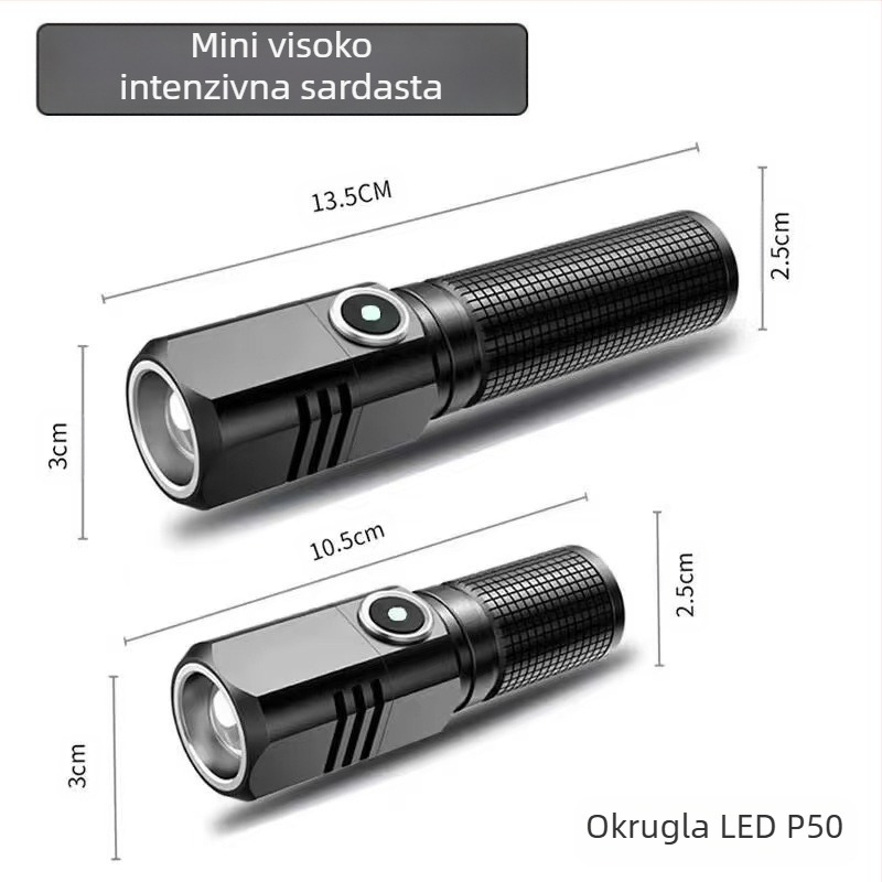 P100 prijenosna mini punjiva LED vanjska svjetiljka s Type-C punjenjem, 15W, kućište od aluminijske legure, baterija 18350, domet 200–500 m