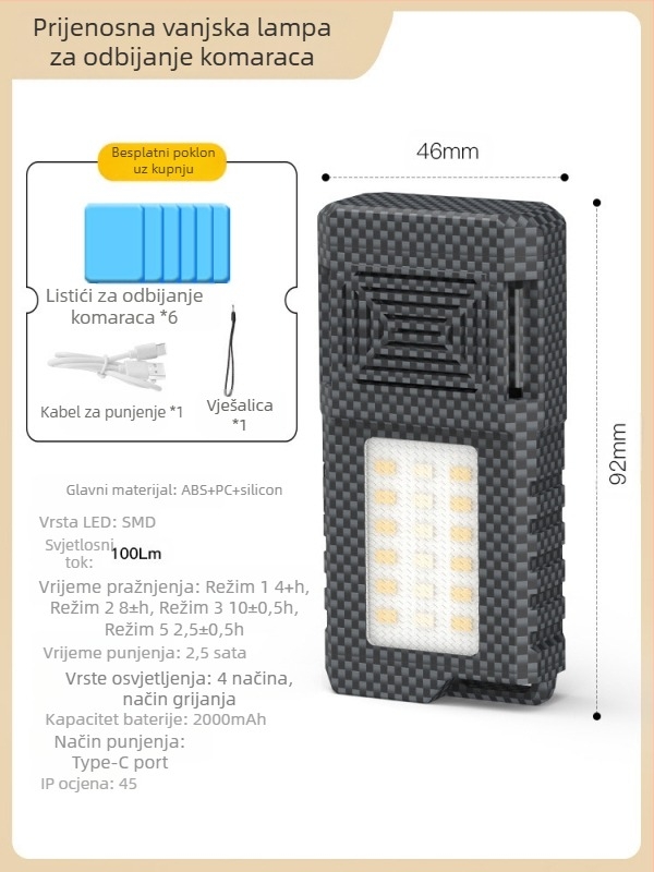 Vanjska lampa protiv komaraca – LED, punjiva, kamping svjetlo s funkcijom odbijanja komaraca