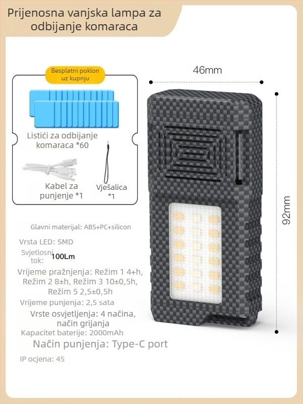 Vanjska lampa protiv komaraca – LED, punjiva, kamping svjetlo s funkcijom odbijanja komaraca
