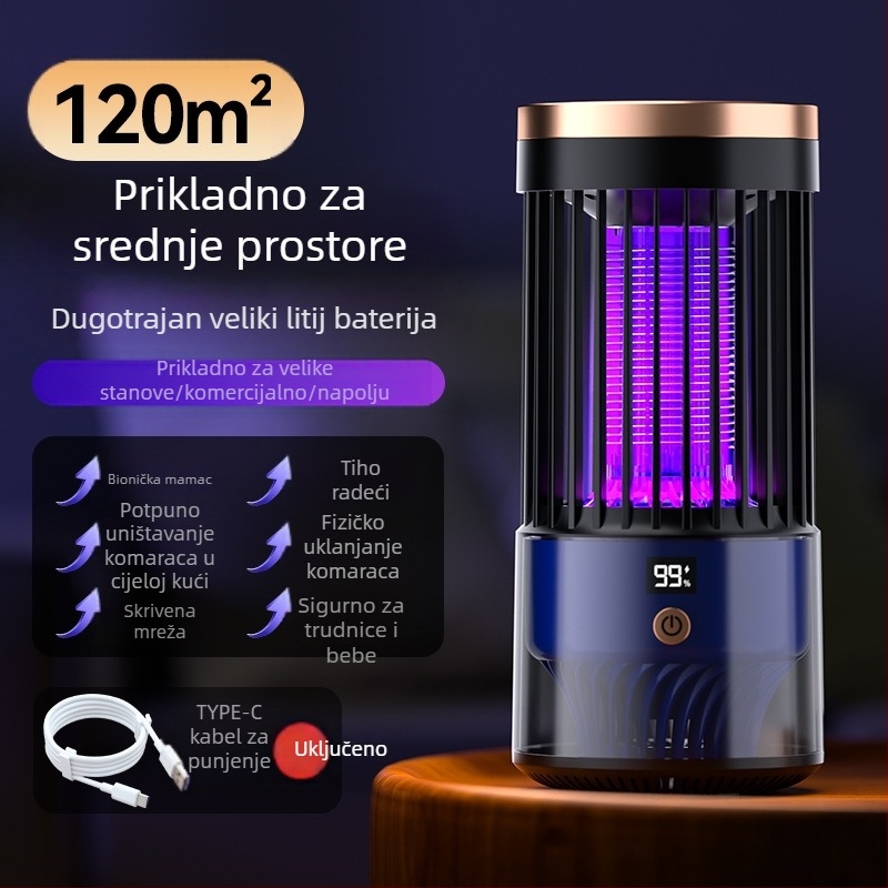 Lampa za uništavanje komaraca električnim šokom – LED zamka za svjetlo, USB punjenje, ugrađena baterija 1001–1600 mAh, model SJD-01, pogodna za unutarnju i vanjsku upotrebu do 30 m²