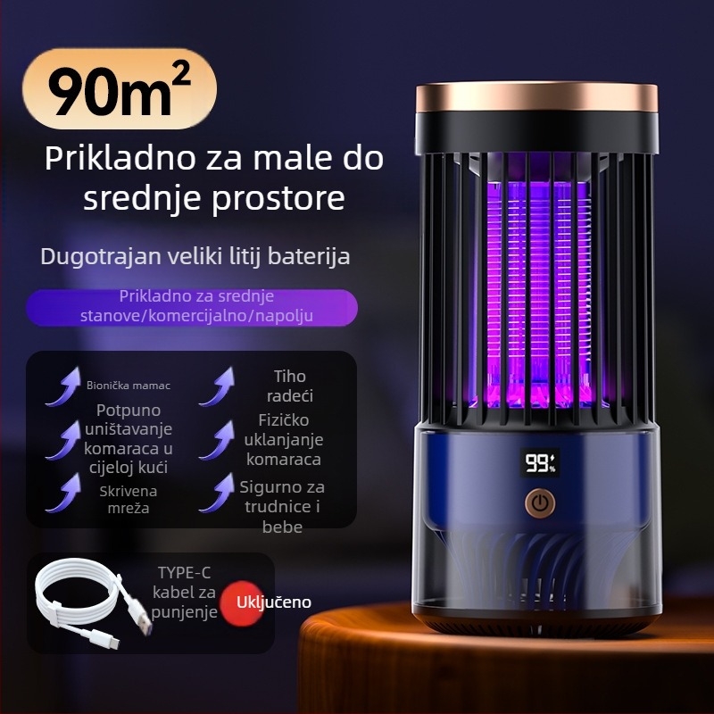 Lampa za uništavanje komaraca električnim šokom – LED zamka za svjetlo, USB punjenje, ugrađena baterija 1001–1600 mAh, model SJD-01, pogodna za unutarnju i vanjsku upotrebu do 30 m²