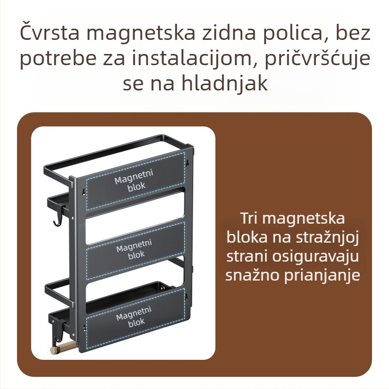 Magnetska bočna polica za hladnjak — zidna, višenamjenska, bez ugradnje, karbonsko čeli, držač papirnoga ručnika, skladište folije i začina