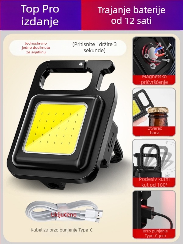 Fenerić za ključevima – punjiv, ultrajak, vanjska višenamjenska mini lampica za kampiranje; COB LED, 3.7V, 10W, prekidač na pritisak