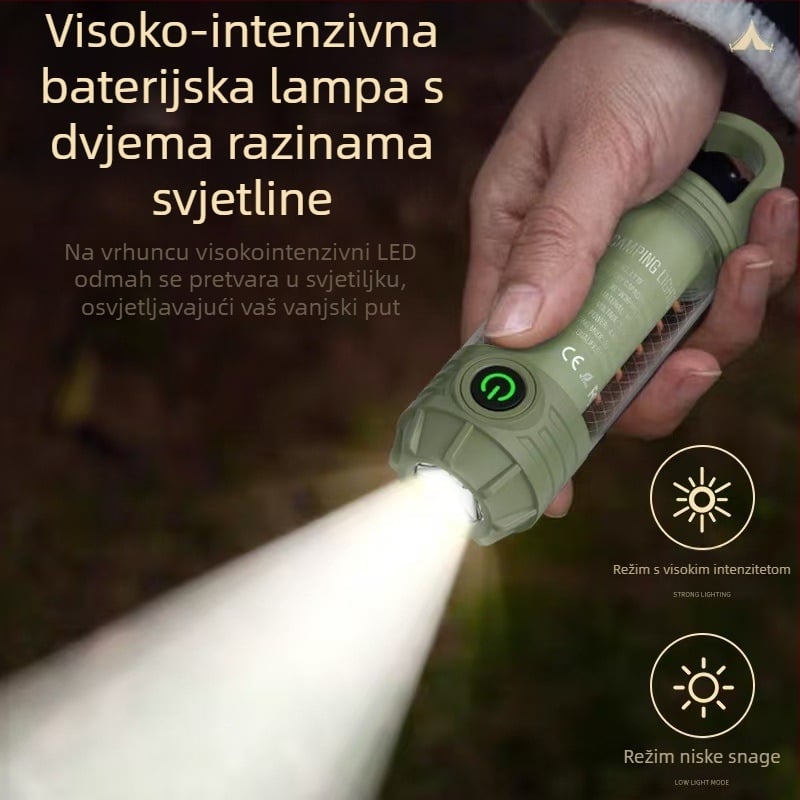 LED kamp lampica, punjiva, prijenosna s kukom za vješanje, ručno pokretanje, 1200mAh, 3.7V, LED svjetlo, domet 50–100 m, trajanje: glavna svjetlost 5 h / toplo svjetlo 7 h