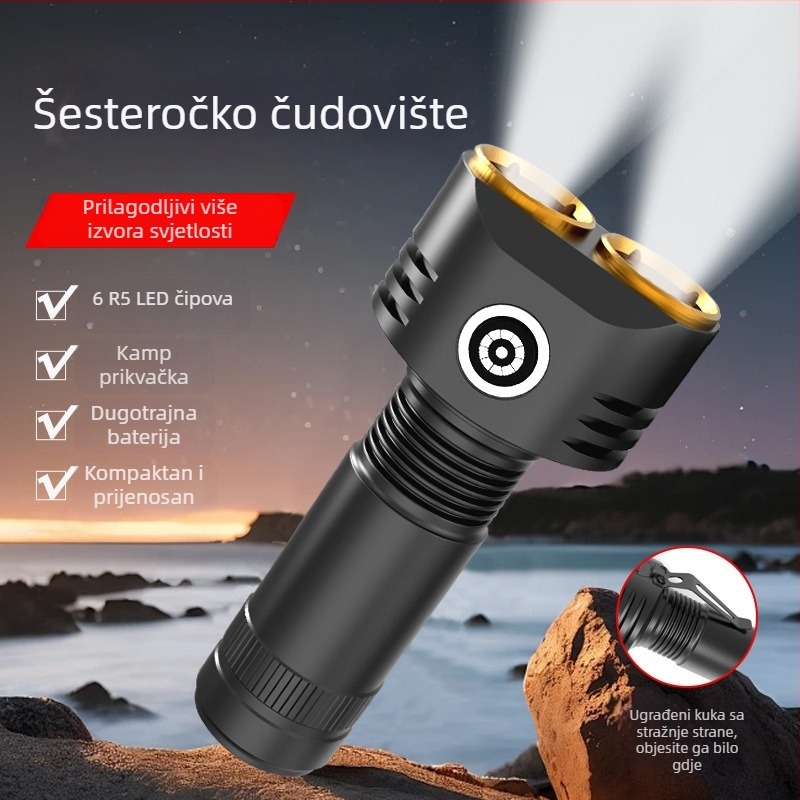 Šest-LED Monster svjetiljka, aluminijska legura, 30W, 3000mAh, doseg 200–500 m