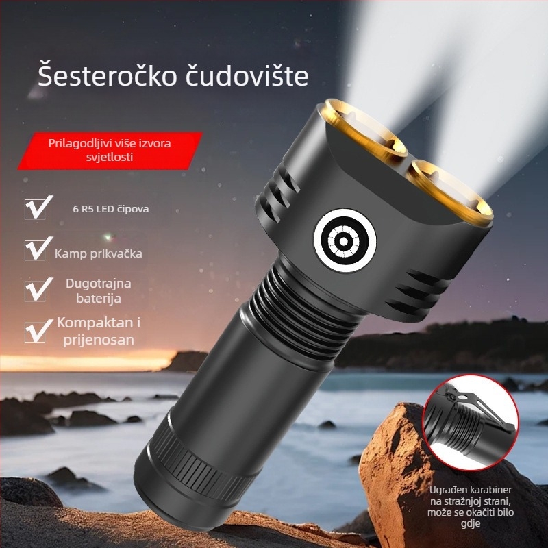 Šest-LED Monster svjetiljka, aluminijska legura, 30W, 3000mAh, doseg 200–500 m