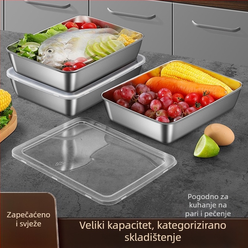 Nehrđajući čelik – četvrtasta kutija za obrok s poklopcem, pladanj za skladištenje u hladnjaku, pladanj za pripremu vrućih jela, za vanjsku upotrebu