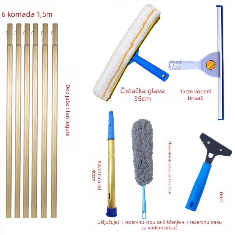 Shijie Kućni čistač stakla s produženom teleskopskom šipkom, jednostrano brisanje, od nehrđajućeg čelika, ručno