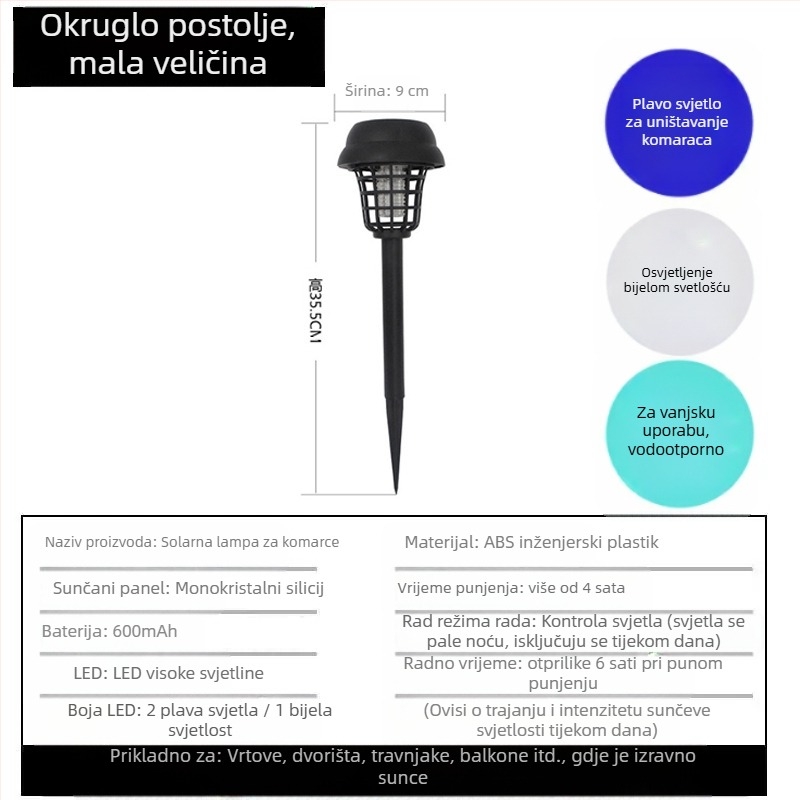 Vanjska solarna lampa protiv komaraca s LED diodama, 3W, 1.2V, kružni oblik