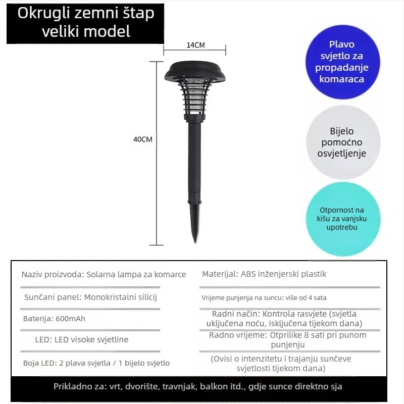 Vanjska solarna lampa protiv komaraca s LED diodama, 3W, 1.2V, kružni oblik