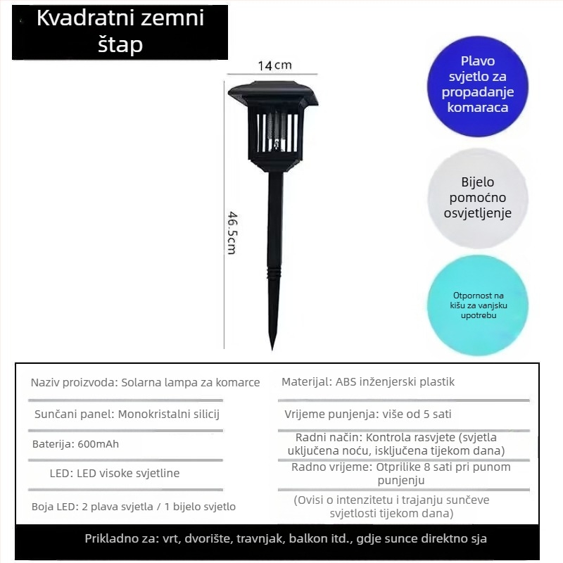 Vanjska solarna lampa protiv komaraca s LED diodama, 3W, 1.2V, kružni oblik