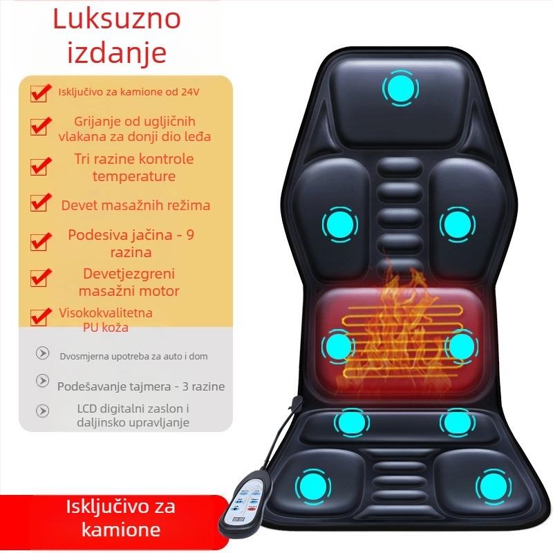 Masazna jastučnica za vrat i leđa za auto i dom – gnječenje, grijanje i vibracije, 6+ masažnih glava, 3. razina snage, žično ručno upravljanje