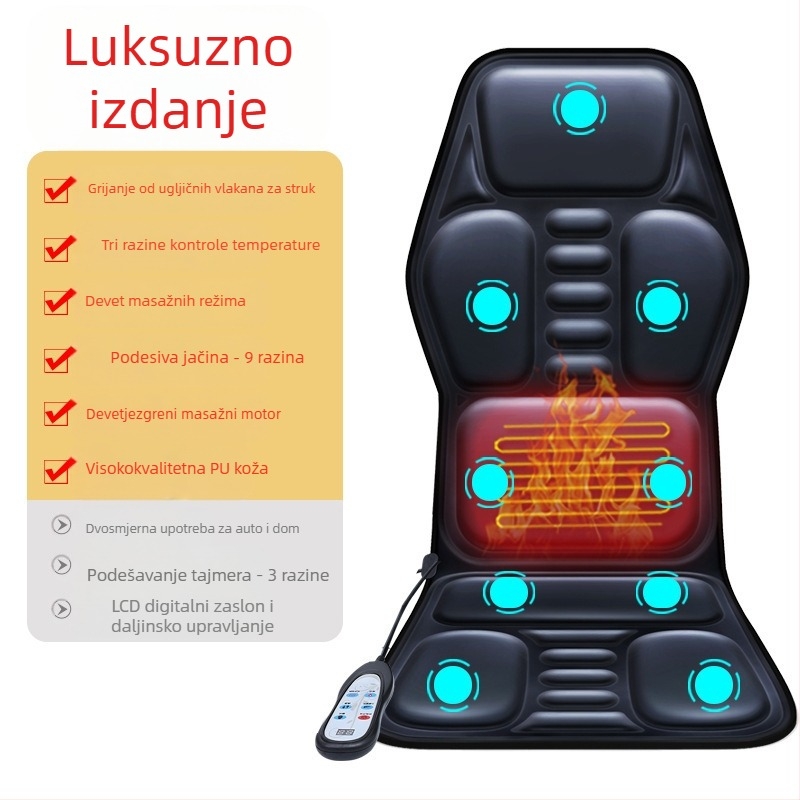 Masazna jastučnica za vrat i leđa za auto i dom – gnječenje, grijanje i vibracije, 6+ masažnih glava, 3. razina snage, žično ručno upravljanje