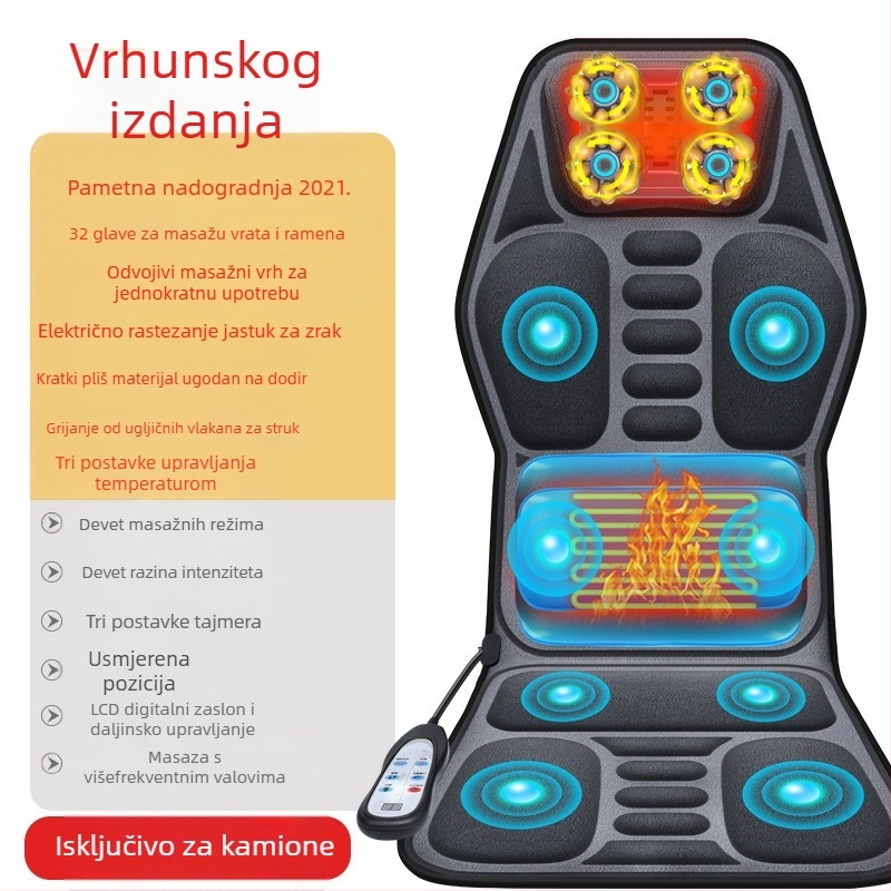 Masazna jastučnica za vrat i leđa za auto i dom – gnječenje, grijanje i vibracije, 6+ masažnih glava, 3. razina snage, žično ručno upravljanje