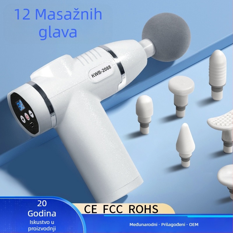 Masazna pištolj s 12 glav, LCD, 32 brzine, ugrađena baterija 800-1000 mAh, četkasti motor, niska buka