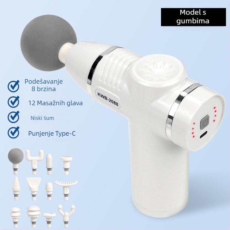 Masazna pištolj s 12 glav, LCD, 32 brzine, ugrađena baterija 800-1000 mAh, četkasti motor, niska buka