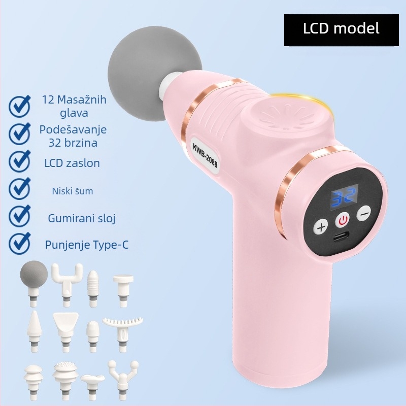 Masazna pištolj s 12 glav, LCD, 32 brzine, ugrađena baterija 800-1000 mAh, četkasti motor, niska buka