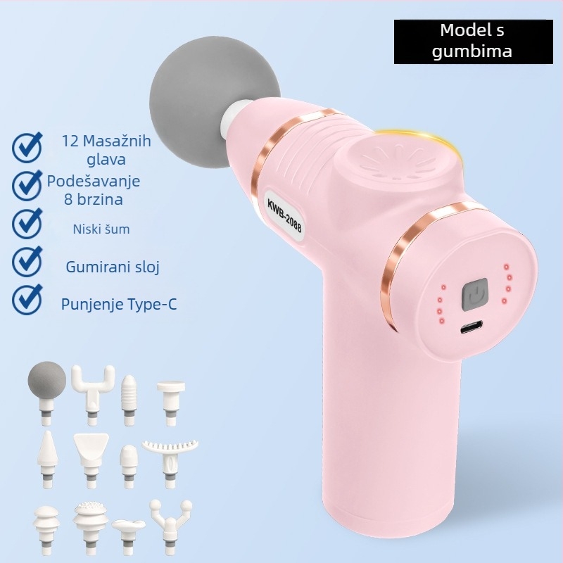 Masazna pištolj s 12 glav, LCD, 32 brzine, ugrađena baterija 800-1000 mAh, četkasti motor, niska buka