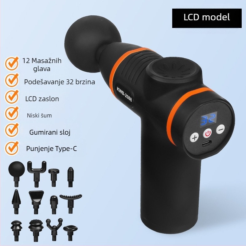 Masazna pištolj s 12 glav, LCD, 32 brzine, ugrađena baterija 800-1000 mAh, četkasti motor, niska buka