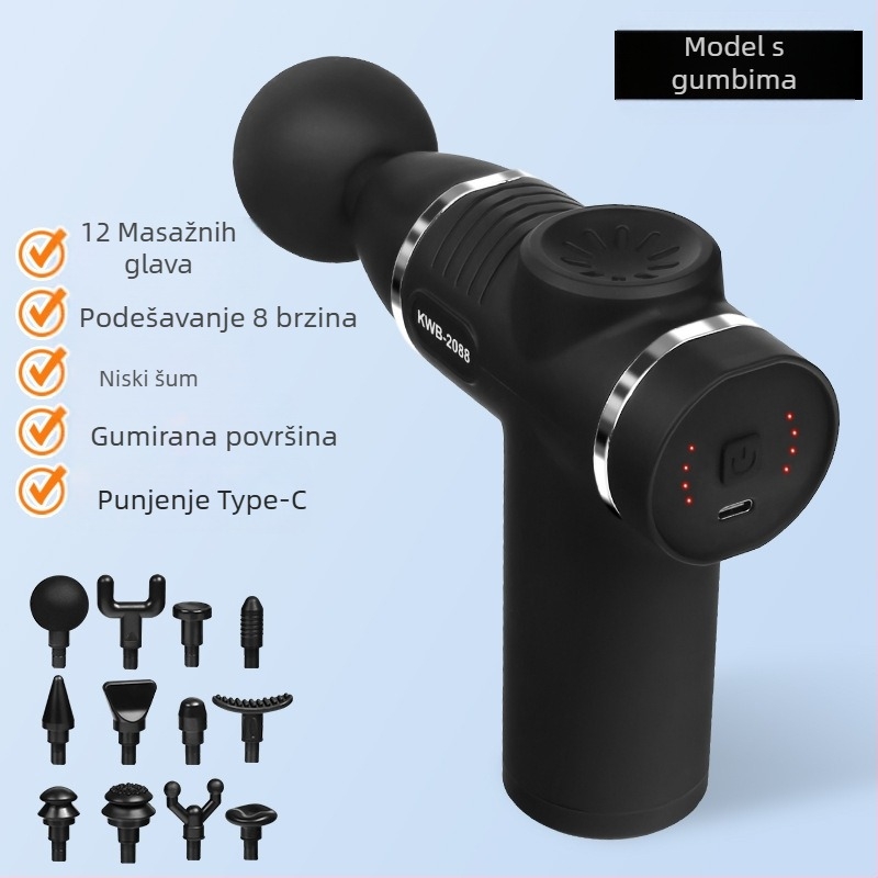 Masazna pištolj s 12 glav, LCD, 32 brzine, ugrađena baterija 800-1000 mAh, četkasti motor, niska buka