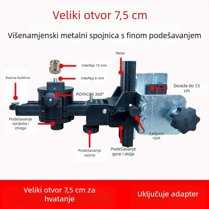 Laserski nivo s teleskopskom šipkom – metalni nosač, plastična pan/tilt posuda, podesiva šipka, lasersko načelo