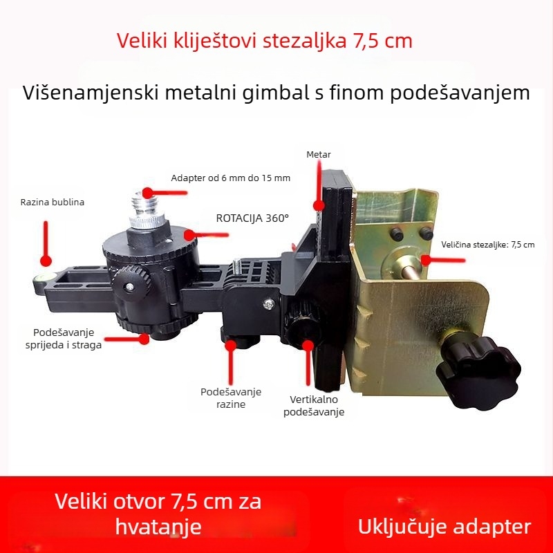 Laserski nivo s teleskopskom šipkom – metalni nosač, plastična pan/tilt posuda, podesiva šipka, lasersko načelo