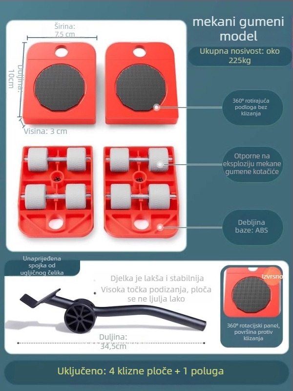 Univerzalna pomična baza s okretljivim kotačićima za premještanje teških namještaja i hladnjaka