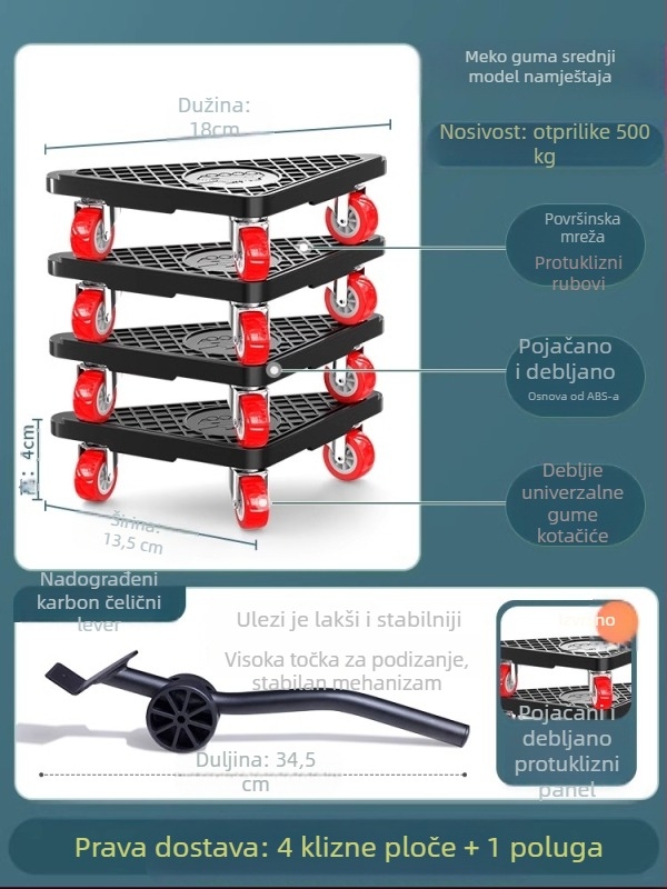 Univerzalna pomična baza s okretljivim kotačićima za premještanje teških namještaja i hladnjaka