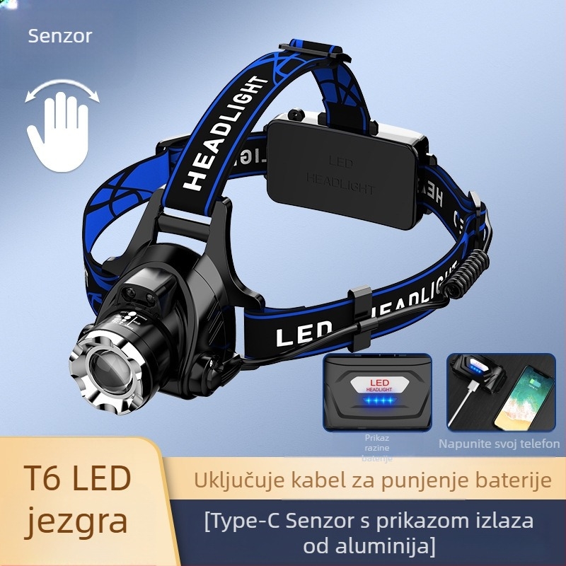 LED čelna svjetiljka s teleskopskim zoomom - model V9, punjiva, indukcijski prekidač, vodootporna