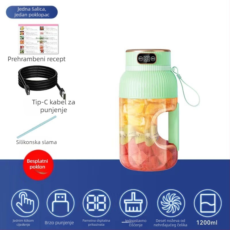 Prijenosni sokovnik za voće i povrće, kapacitet 601–800 ml, snaga 200 W, brzina 20001–22000 rpm, 5+ oštrica, ugrađena baterija