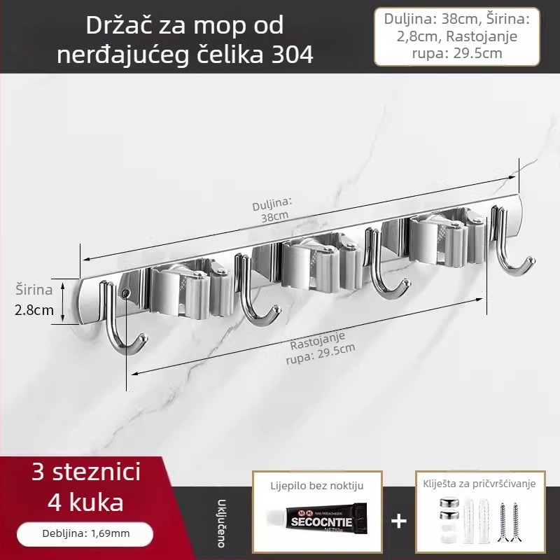 Držač za mop od 304 nehrđajućeg čelika i višenamjenski kukica za metlu, kupaonica, CE certifikacija, polirana završna obrada, Yong Qi, 0,5 kg, Certifikat CCI20070040CER