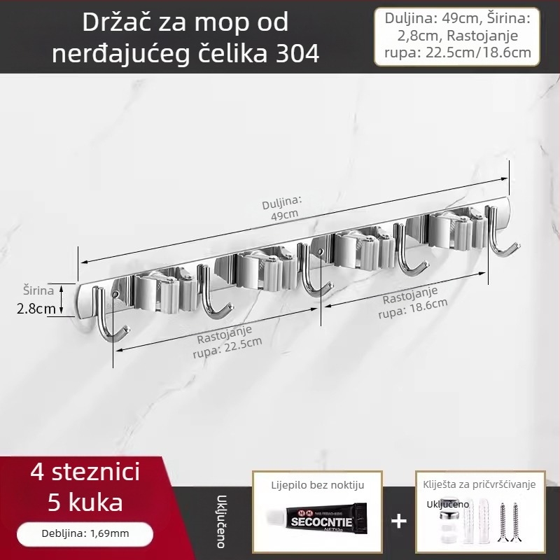 Držač za mop od 304 nehrđajućeg čelika i višenamjenski kukica za metlu, kupaonica, CE certifikacija, polirana završna obrada, Yong Qi, 0,5 kg, Certifikat CCI20070040CER