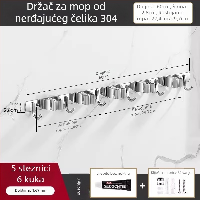 Držač za mop od 304 nehrđajućeg čelika i višenamjenski kukica za metlu, kupaonica, CE certifikacija, polirana završna obrada, Yong Qi, 0,5 kg, Certifikat CCI20070040CER