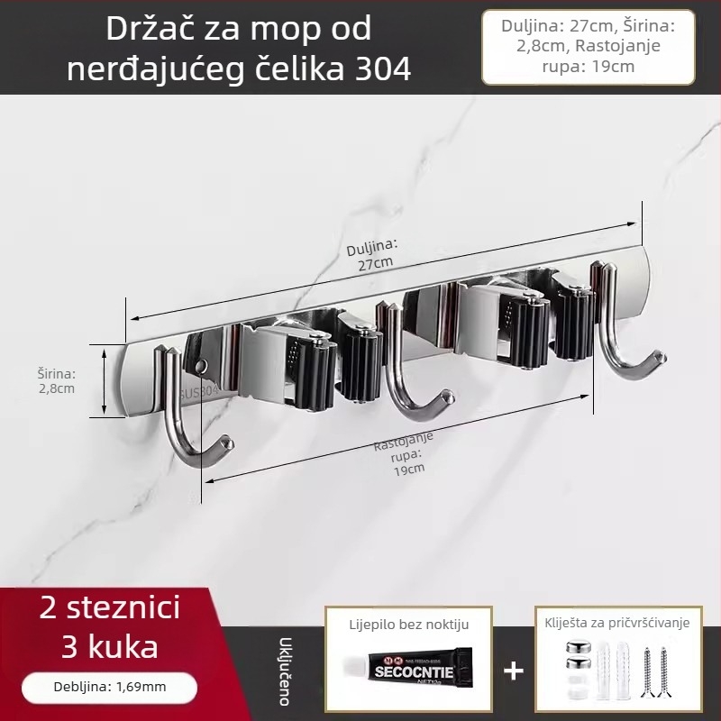 Držač za mop od 304 nehrđajućeg čelika i višenamjenski kukica za metlu, kupaonica, CE certifikacija, polirana završna obrada, Yong Qi, 0,5 kg, Certifikat CCI20070040CER