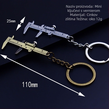 Metalni mini vernier kaliper za ključeve, podesiva vijčica, moderan minimalistički dizajn, individualno pakirano.