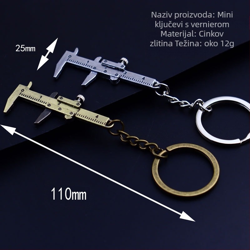 Metalni mini vernier kaliper za ključeve, podesiva vijčica, moderan minimalistički dizajn, individualno pakirano.