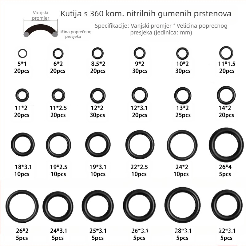360 komada nitrilnih gumeni O-prstena crne boje, otpornih na visoke temperature