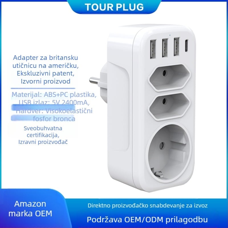 TOURPLUG napajajući adapter 1 na 3 s 3 USB priključcima i Type-C brzim napajanjem, 110–250 V, 10 A