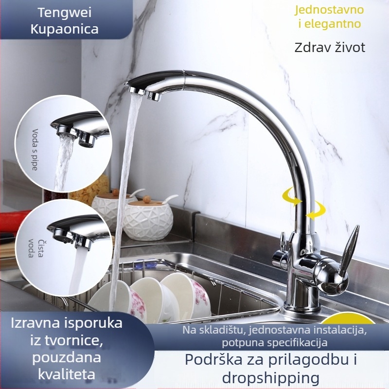 Kuhinjska okretna slavina za sudoper s direktnom pitnom vodom – bakreno tijelo, keramički ventil, 0–90°C, model 662-2, priključci M10x1