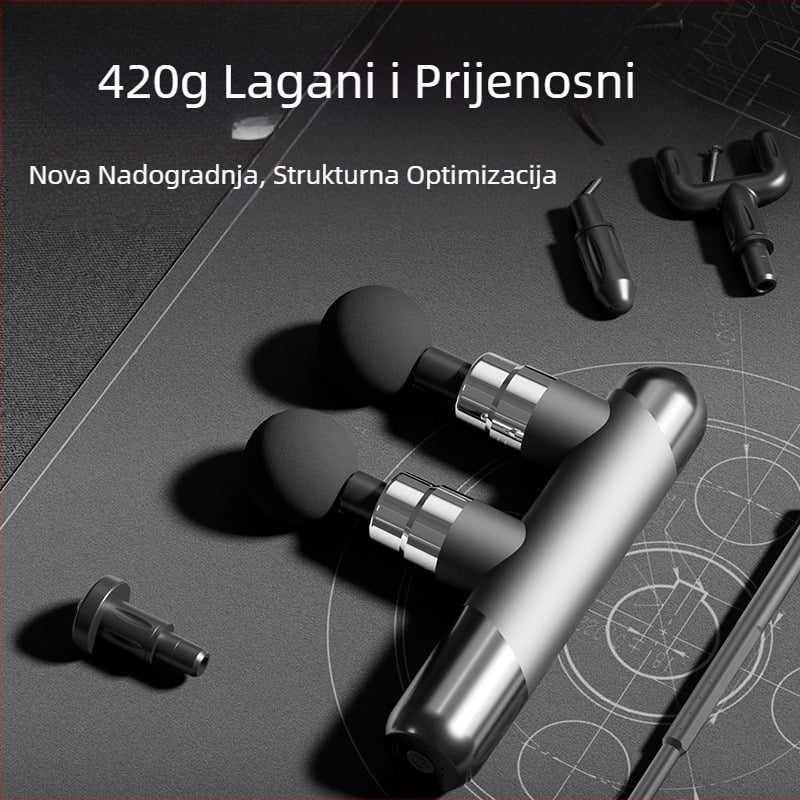 Masažni pištolj za mišiće s 6+ nastavcima, ugrađena baterija 1200–2000 mAh, kompaktna i prijenosna, višefazno upravljanje brzinom, buka ispod 36 dB