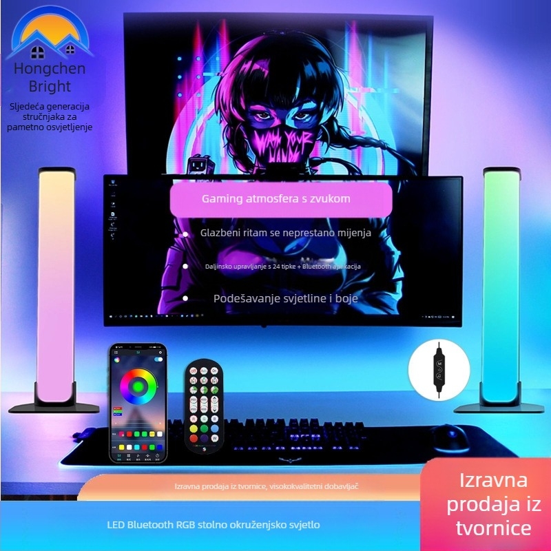 LED stolna ambijentalna svjetlost s Bluetooth aplikacijom i 24‑tipkovnim upravljačem, pravokutna aluminijska svjetiljka za stol, PC i TV ormarić, 5V ulaz, podesiva, vijek trajanja 20000h