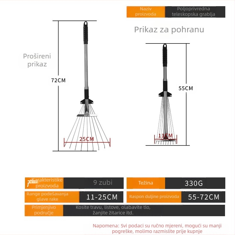 Teleskopska grablja za vrt, model 01, marka Prepared, univerzalna uporaba