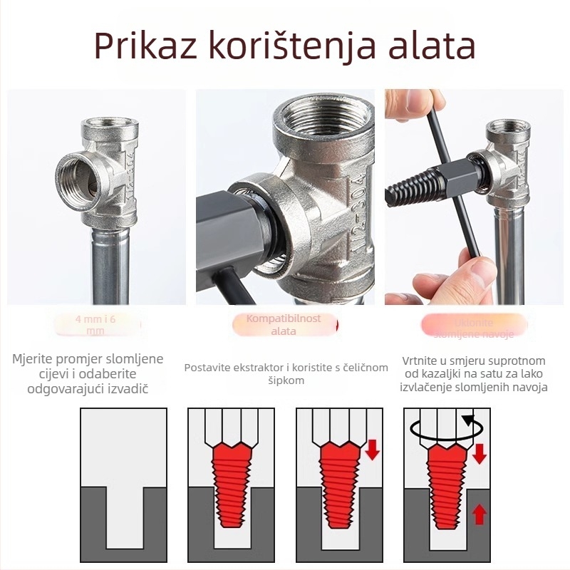 Shouli ekstraktor za slomljene vijke i navoje za slavine i cijevi – dvostruka glava, obrnuti navoj, šestouglasti ekstraktor